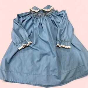 Blue Smocked Toddler Dress Lace Trim Girls 4T
